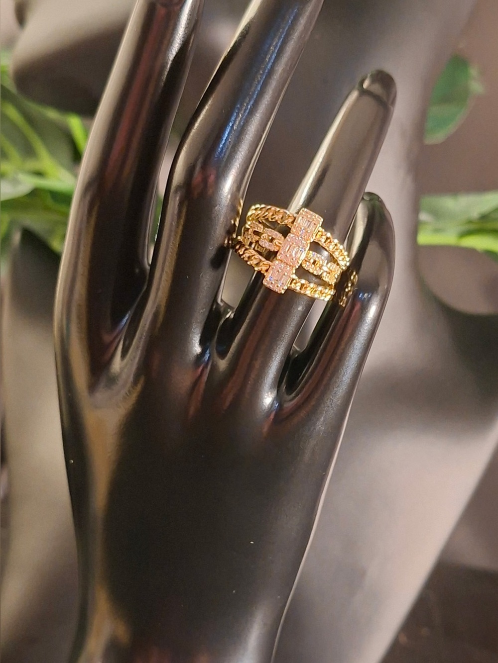 Gold-Filled Adjustable Cuban Chain Baguette Statement Ring